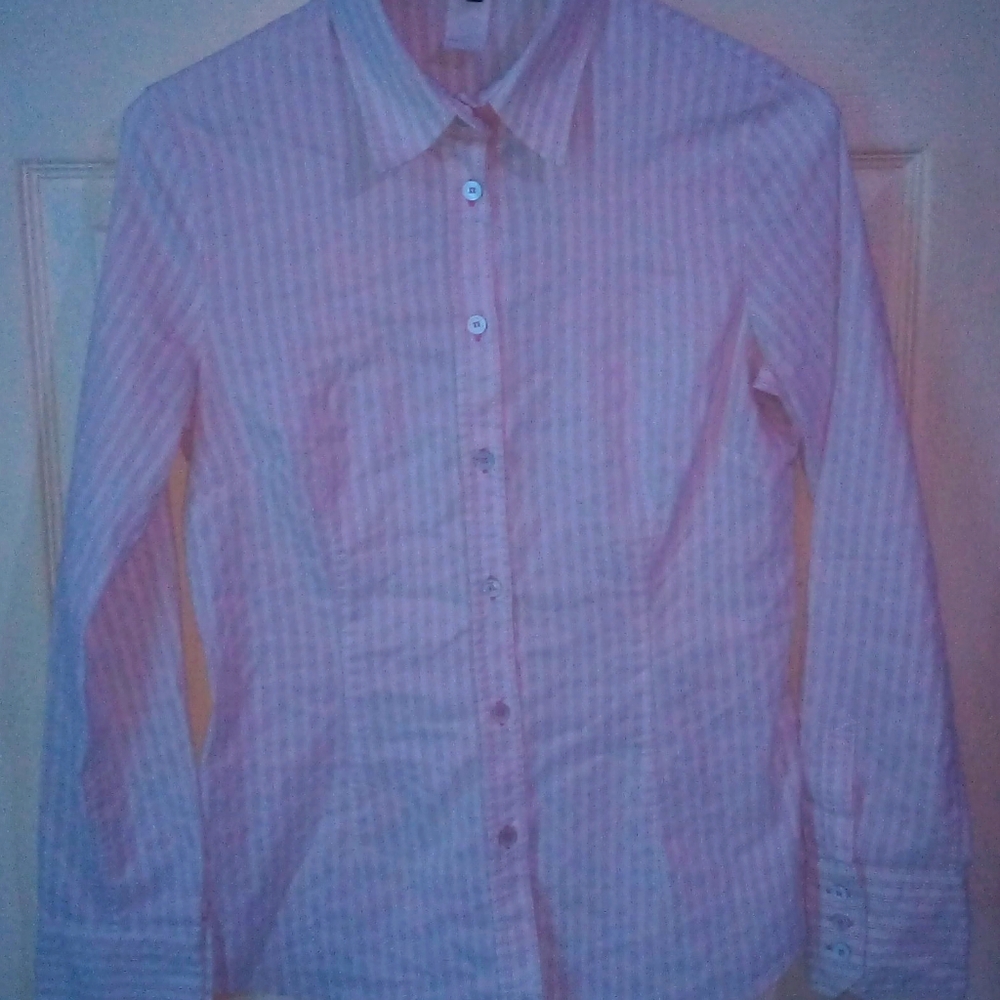White button down shirt with pink stripes